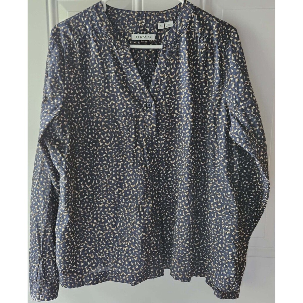 Orvis Women's Long Sleeve Blouse – Size Large – Navy & Tan Print